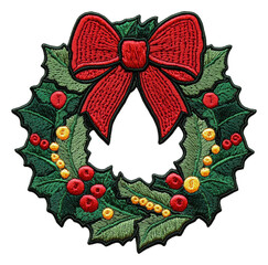 Wall Mural - embroidered wreath with bow and holly, cut out - stock png.