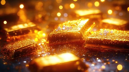 Poster - A stunning close-up of shimmering gold bars surrounded by sparkling lights, perfect for finance and luxury-themed projects.