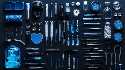 Poster - Layered medical instruments arranged to create an intricate photogram design showcasing the variety and complexity of medical tools Stock Photo with copy space