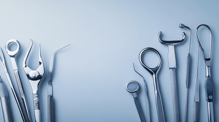 Poster - Photogram of surgical tools in a neatly arranged composition casting strong clear shadows on a light background Stock Photo with copy space
