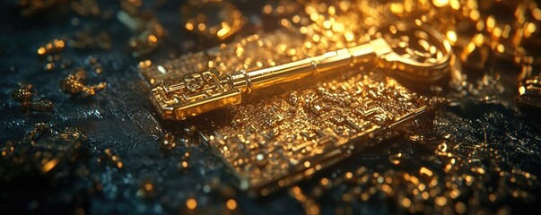 Poster - A close-up of a golden key resting on a textured surface, shimmering in soft light, symbolizing treasure and secrets.