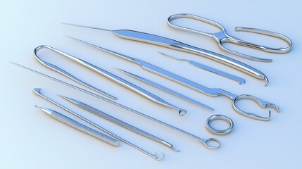 Wall Mural - Medical instrument set including a scalpel and tweezers laid out to create a photogram highlighting the essential tools in surgery Stock Photo with copy space