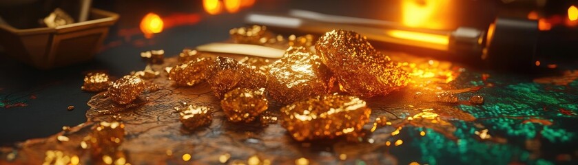 Poster - A captivating close-up of shimmering gold pieces on a dark surface, illuminated by warm, glowing lights, evoking wealth and luxury.