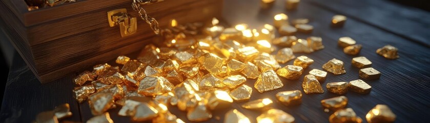 Poster - A treasure chest overflowing with golden gems, illuminated by soft light, creating a luxurious and captivating scene.