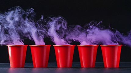 a row of identical red cups on a black surface, one lifted to reveal nothing underneath, magic trick show