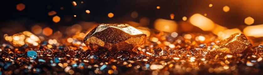 Poster - Close-up of sparkling gemstones on a dark surface, showcasing their brilliance and unique facets illuminated by ambient light.