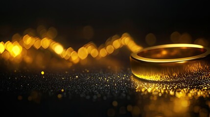 Poster - Elegant gold ring resting on a sparkling surface, perfect for wedding or engagement themes and luxurious jewelry displays.