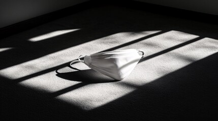 Poster - Photogram of a medical mask laid flat on a light-sensitive surface casting soft shadows that highlight its texture and folds Stock Photo with copy space