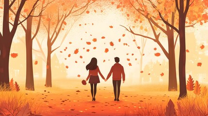 A couple holding hands, walking hand in hand through an autumn forest with falling leaves. Vector illustration of love and romance