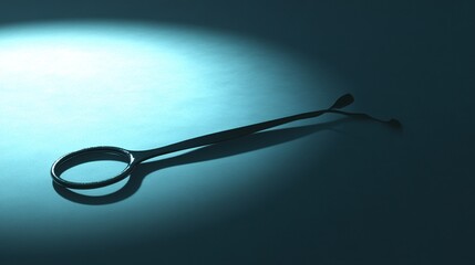 Poster - Shadowy outline of a surgical scalpel on a light-sensitive surface creating a stark photogram that emphasizes the precision of surgical instruments Stock Photo with copy space