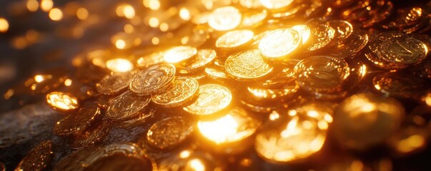 Poster - A stunning collection of shimmering golden coins, radiating light and capturing the essence of wealth and prosperity.