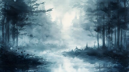 A serene watercolor painting depicting a misty forest and tranquil river in complete isolation from human influence.