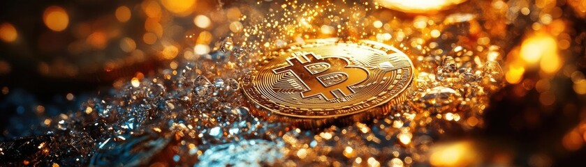 Poster - Close-up of a shiny Bitcoin amidst sparkling gold, symbolizing wealth and the rise of cryptocurrency in modern finance.