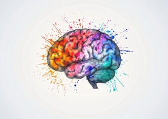 A simple drawing of the human brain with colorful paint splashes coming out from it, on a white background convey creativity, inspiration, or thought in an artistic way Generative AI