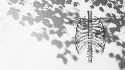 Poster - Photogram of a ribcage model laid flat casting intricate shadows on a high-contrast background Stock Photo with copy space