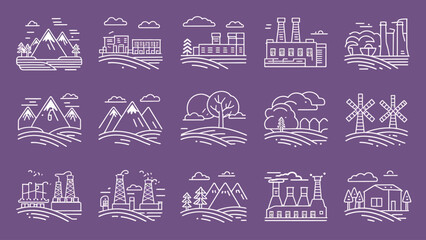 2d vector illustration icon, shape line , architecture factory and town with home 
