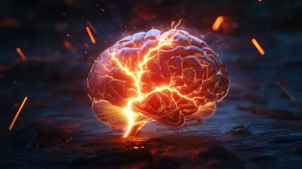 Poster - The brain glows vividly with striking lightning bolts, representing deep cognitive processes and electrical impulses in an abstract setting, creating a dynamic visual experience