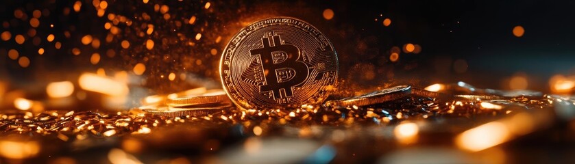 Poster - Close-up of a Bitcoin coin surrounded by sparkling coins, symbolizing cryptocurrency wealth and digital finance innovation.