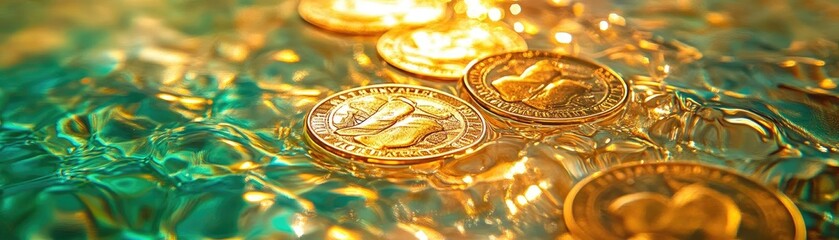 Aufkleber - A close-up view of shimmering golden coins resting on a glistening surface, evoking a sense of wealth and prosperity.