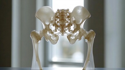 Poster - Silhouette of a pelvis model on a light-sensitive surface creating a photogram with clear sharp shadows highlighting the bone structure Stock Photo with copy space