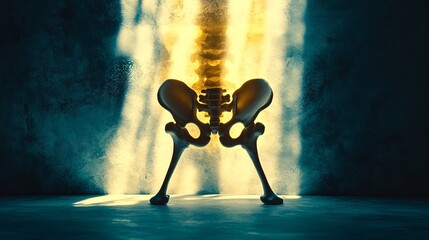 Poster - Silhouette of a pelvis model on a light-sensitive surface creating a photogram with clear sharp shadows highlighting the bone structure Stock Photo with copy space