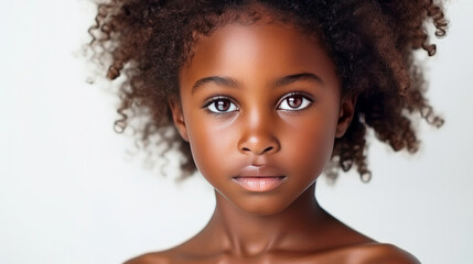 Wall Mural - Portrait of smiling cute African American child girl with perfect skin, white background, banner.