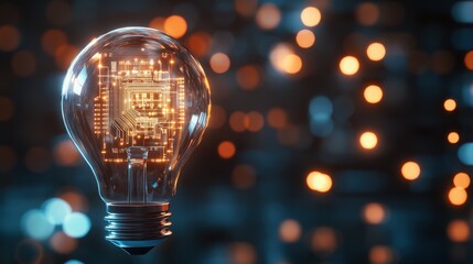 Poster - The lightbulb features detailed electronic circuits, shining vibrantly as it stands out against a soft, out-of-focus backdrop filled with bokeh lights, creating a dynamic visual effect