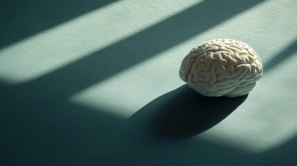 Poster - Silhouette of a human brain model laid on a light-sensitive surface creating a photogram with complex shadow patterns Stock Photo with copy space