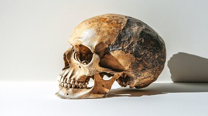 Poster - Photogram of a human skull model placed in profile view casting a shadow that highlights its detailed structure Stock Photo with copy space