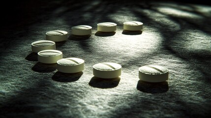 Poster - Photogram of a group of capsules arranged in a spiral shape casting shadows that emphasize their form and texture Stock Photo with copy space