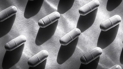 Poster - Photogram showing the outline of different shaped capsules laid out in a random pattern casting clear shadows Stock Photo with copy space