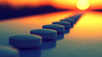Poster - Silhouette of pills and capsules arranged in a line on a light-sensitive surface creating a photogram with strong contrast Stock Photo with copy space
