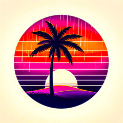 Wall Mural - A scene with a palm tree silhouetted against a vintage sunset, with rain falling lightly minimalist vector art illustration images on a white background.
