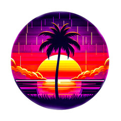 Wall Mural - A scene with a palm tree silhouetted against a vintage sunset, with rain falling lightly minimalist vector art illustration images on a white background.
