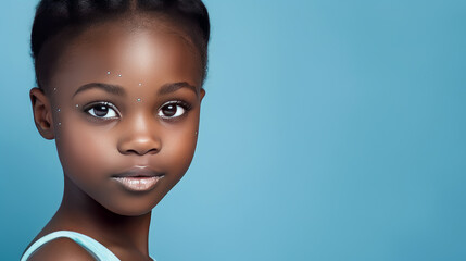 Portrait of smiling cute African American child girl with perfect skin, light blue background, banner.