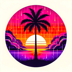 Wall Mural - A scene with a palm tree silhouetted against a vintage sunset, with rain falling lightly minimalist vector art illustration images on a white background.
