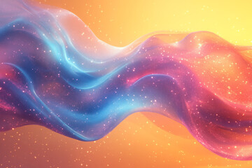 A dynamic stream of digital particles with glowing pink and blue highlights, creating a flowing arc, isolated on a pastel yellow background,