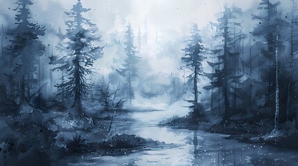 A serene watercolor painting depicting a misty forest and tranquil river in complete isolation from human influence.