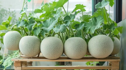 Ripe Green Melons Hanging From Vines