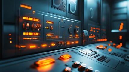 Poster - The image shows a sophisticated control panel in a high-tech security room, featuring illuminated status lights and various operational controls that enhance monitoring capabilities