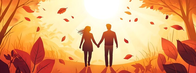 A couple holding hands, walking hand in hand through an autumn forest with falling leaves. Vector illustration of love and romance