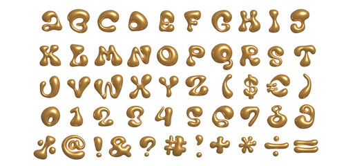 Fototapete - 3d gold liquid font in y2k style isolated on a transparent background. Render of 3d golden inflated alphabet and numbers with shine glossy effect. Liquid organic typography