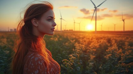 Wall Mural - Woman Gazing at Sunset with Wind Turbines