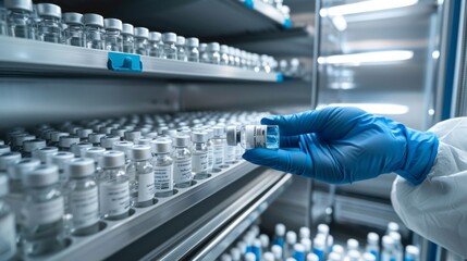 Aufkleber - A person is holding a bottle of vaccine in a refrigerator