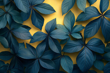 Poster - A botanical pattern of dark green and teal leaves with a hint of purple, subtly illuminated with soft edge lighting, set against a pastel yellow background,