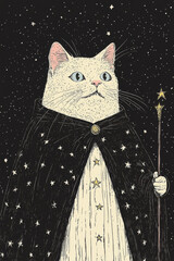 Wall Mural - A white cat wearing a starry cloak and holding a staff, looking up at the night sky.