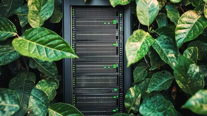 Wall Mural - Server rack surrounded by lush green leaves