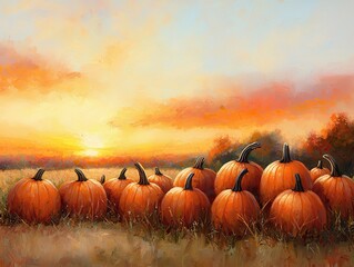 Wall Mural - Pumpkins in a Field at Sunset.