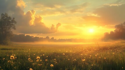 a serene sunrise illuminates a misty meadow filled with wildflowers, creating a peaceful and golden 