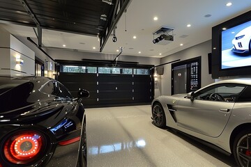 a couple of cars parked in a garage